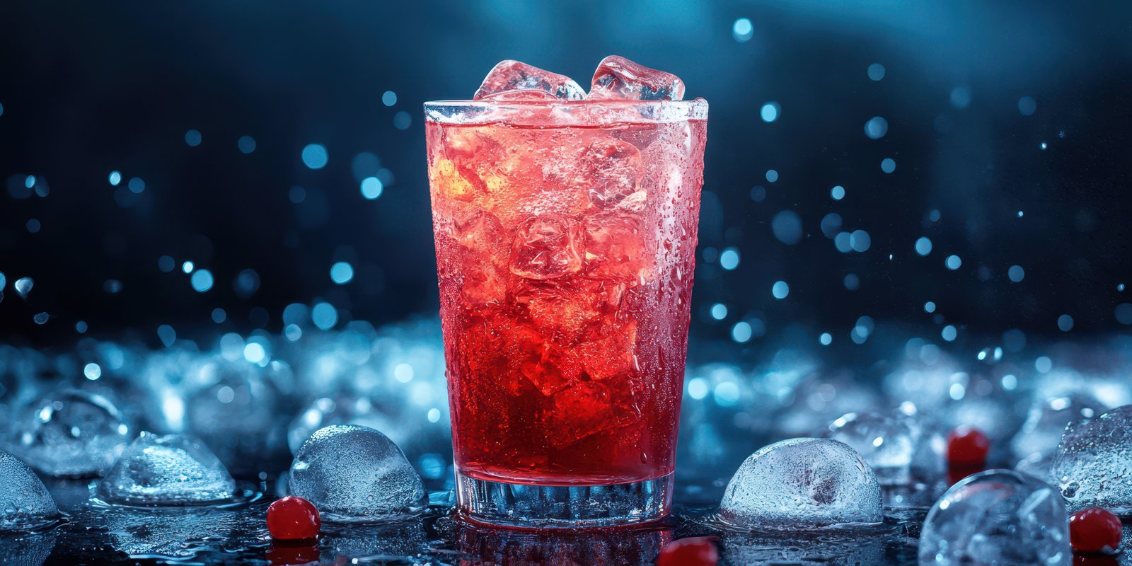 Refreshing cocktail garnished with cherries and ice, displayed on a cool surface with a blue background at a summer party